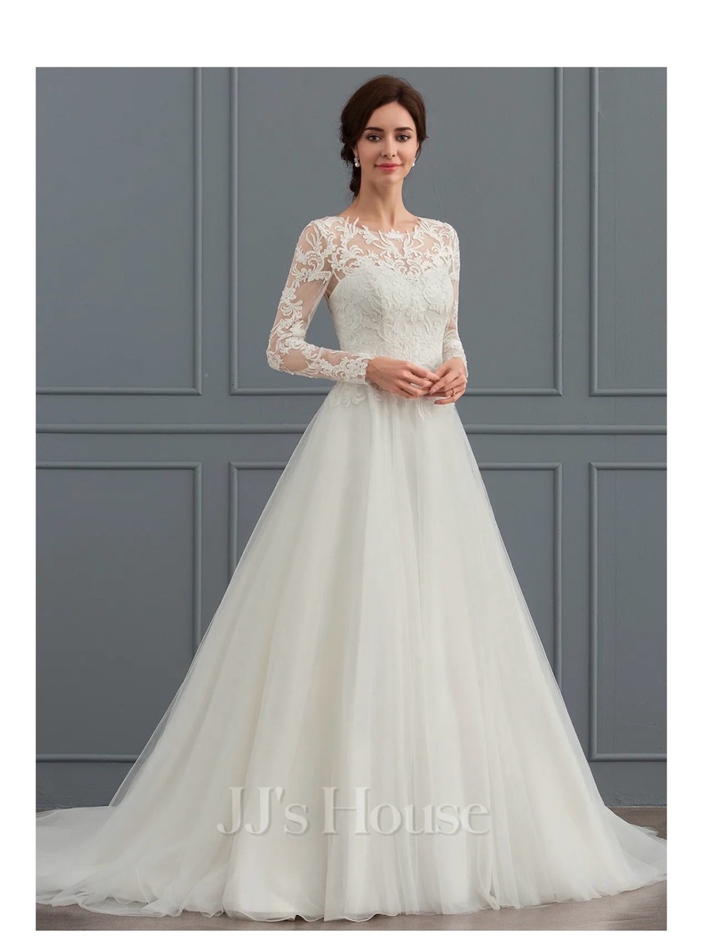 JJs House Ivory Lace Long-Sleeve A-Line Wedding Gown